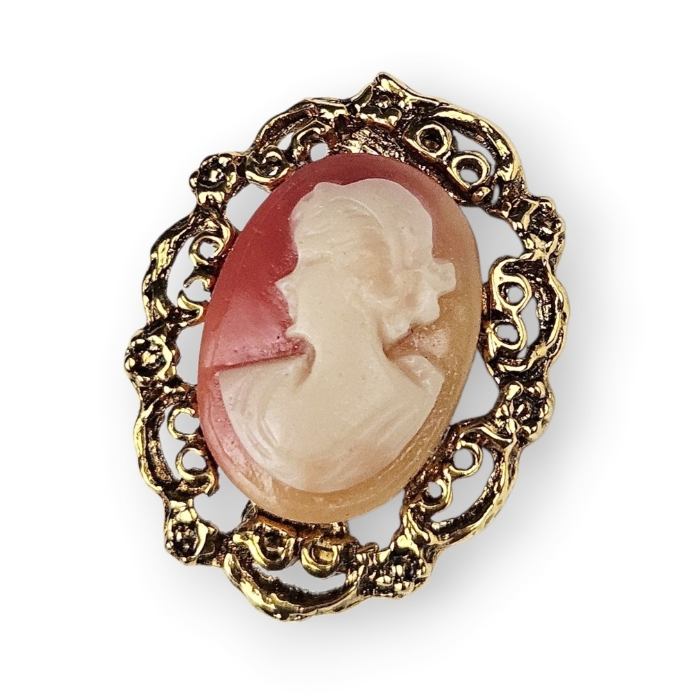Vintage Cameo Brooch Oval Floral Filigree Frame Resin Antiqued Gold Tone 1" Long